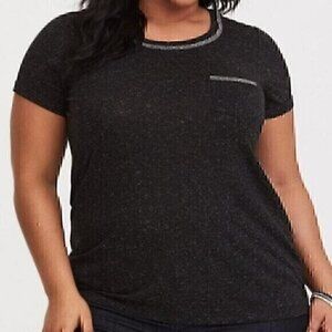 TORRID 0 Plus Size Classic Fit Crew Neck Rhinestone Pocket Roll Sleeve Tee Gray